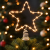 Decorative star-shaped light fixture on a Christmas tree with blurred lights in the background
